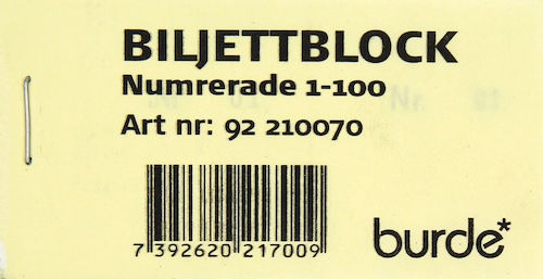 Biljettblock 1-100 Gul, 10st/fp