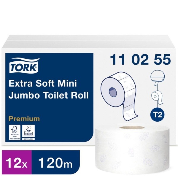 Toalettpapper Tork T2 Mini Prem E-soft 3-lg vit 120m, 12 st/krt