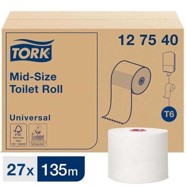 Toalettpapper Tork T6 Universal 1-lg vit 135m, 27 st/krt